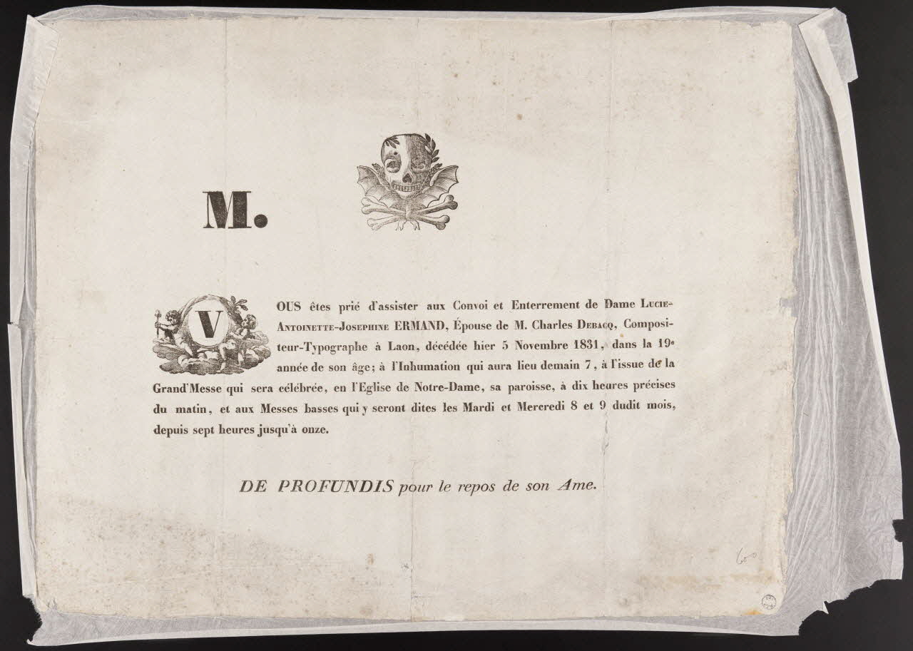 estampe Faire part pour l'enterrement de Madame Ermand 1831 1982.3.395 Photo