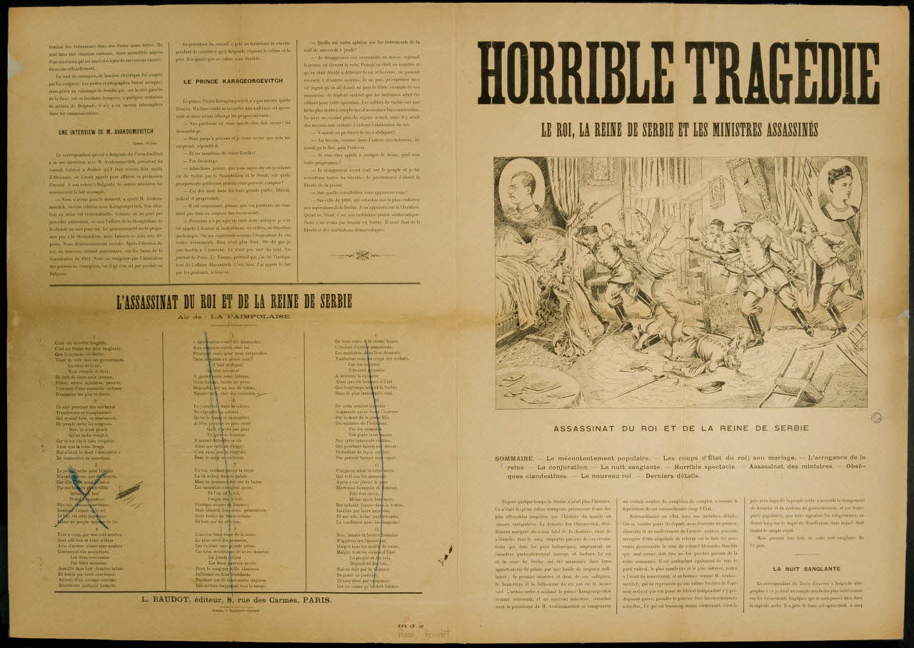 estampe HORRIBLE TRAGEDIE  LE ROI, LA REINE DE SERBIE ET LES MINISTRES ASSASSINES 1983.19.10 Photo