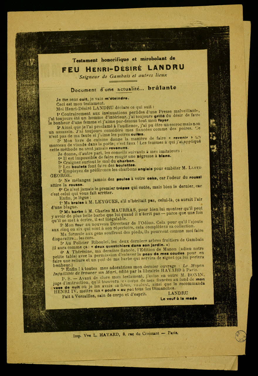estampe Testament honorifique et mirobolant de  FEU HENRI-DESIRE LANDRU 1983.19.16 Photo