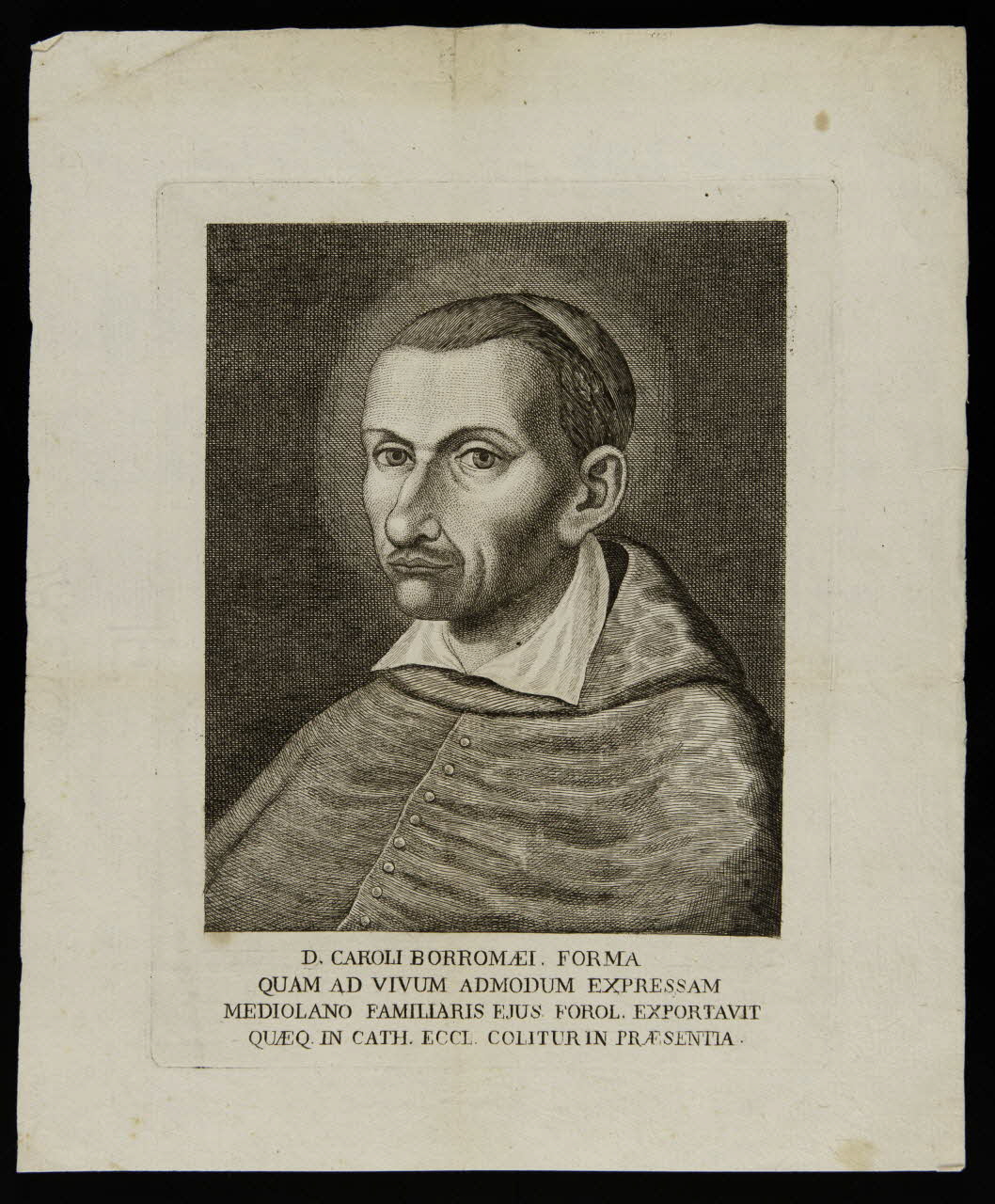 estampe D. CAROLI BORROMAEI. FORMA  QUAM AD VIVUM ADMODUM EXPRESSAM  MEDIOLANO FAMILIARIS EJUS FOROL. EXPORTAVIT  QUAEQ. IN CATH. ECCL. COLITUR IN PRAESENTIA. 1986.74.223.2 Photo
