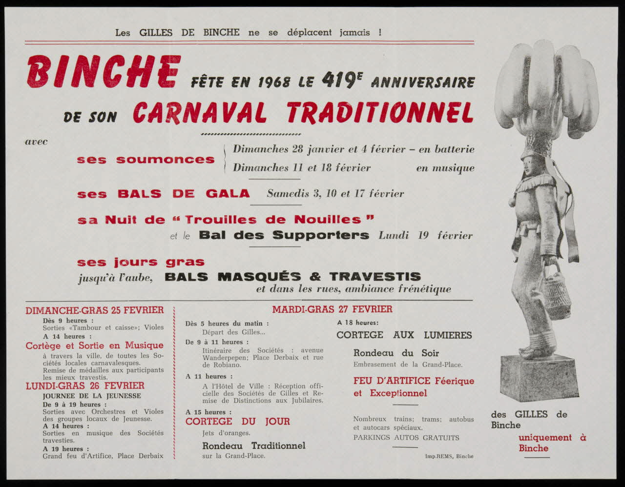 estampe BINCHE FÊTE EN 1968 LE 419e ANNIVERSAIRE  DE SON CARNAVAL TRADITIONNEL 1986.74.25 Photo
