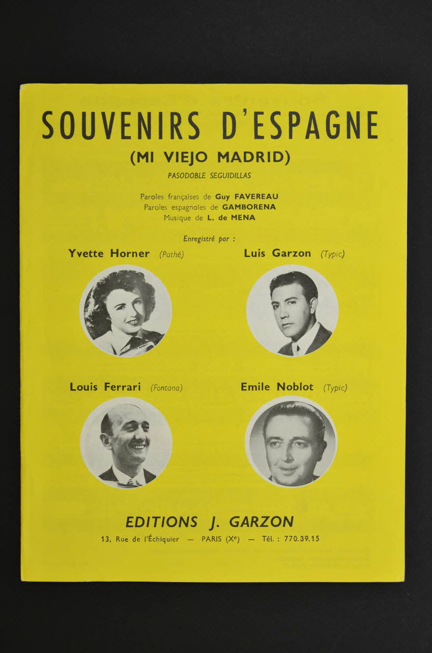 Gamborena ; L. De Mena ; Guy Favereau ; Yvette Horner ; Luis Garzon ; Louis Ferrari ; Emile Noblot ; Garzon, J., Editions; chanson petit format 1961 1969.88.1047 Photo Mucem