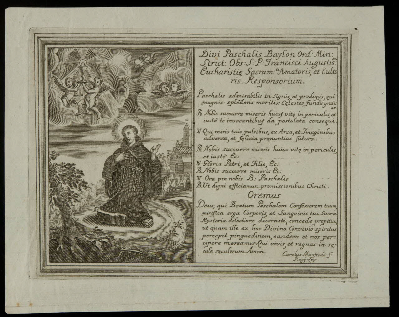 estampe Divi Paschalis Baylon Ord : Min :  Strict : Obs  S : P : Francisci Augustisoni :  Eucharistie Sacramti Amatoris, et Culto  ris. Responsorium. 1986.74.314.2 Photo