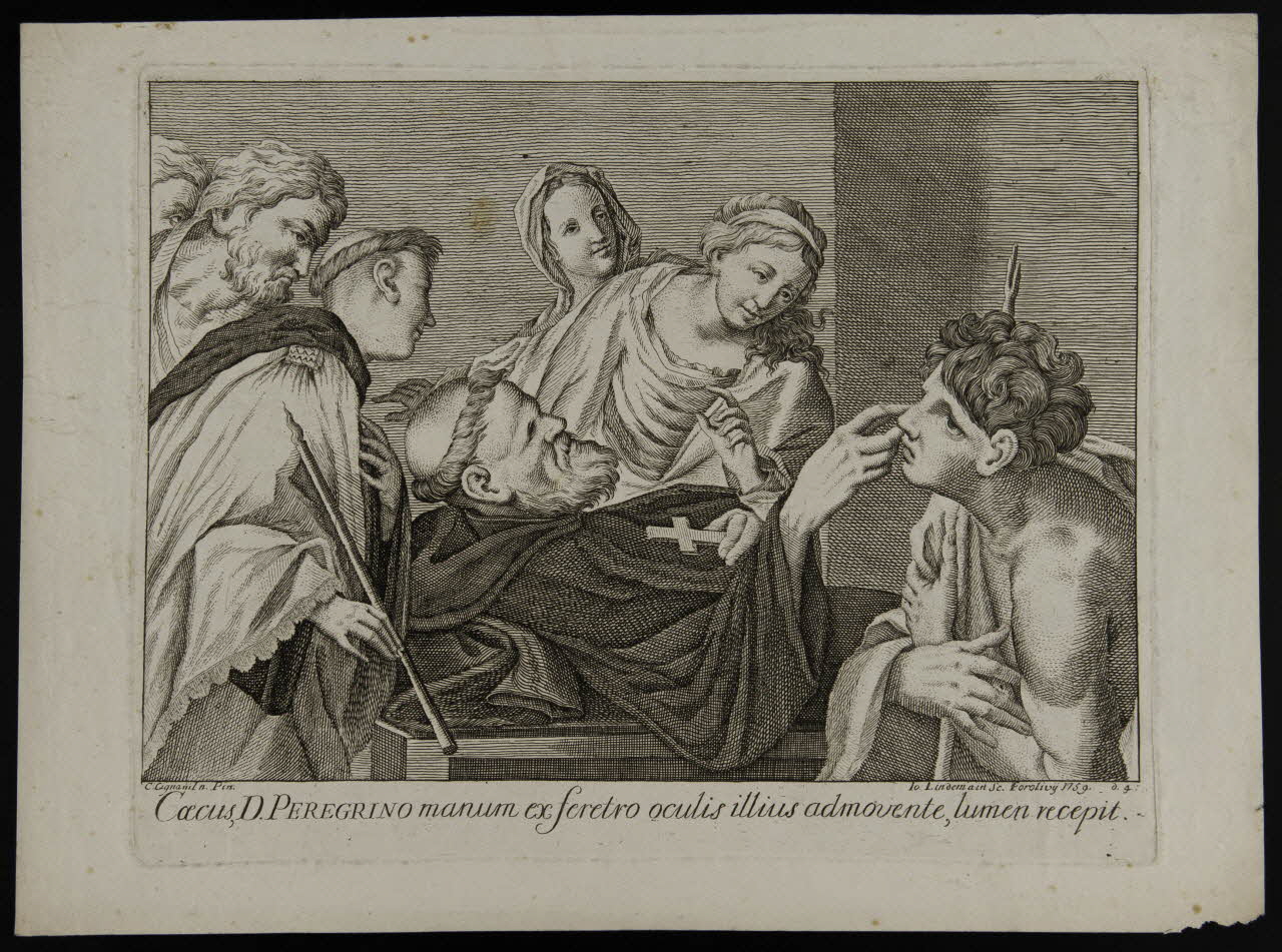 estampe Coecus, D. PEREGRINO manum ex feretro oculis illius admovente, lumen recepit. 1986.74.321.1 Photo