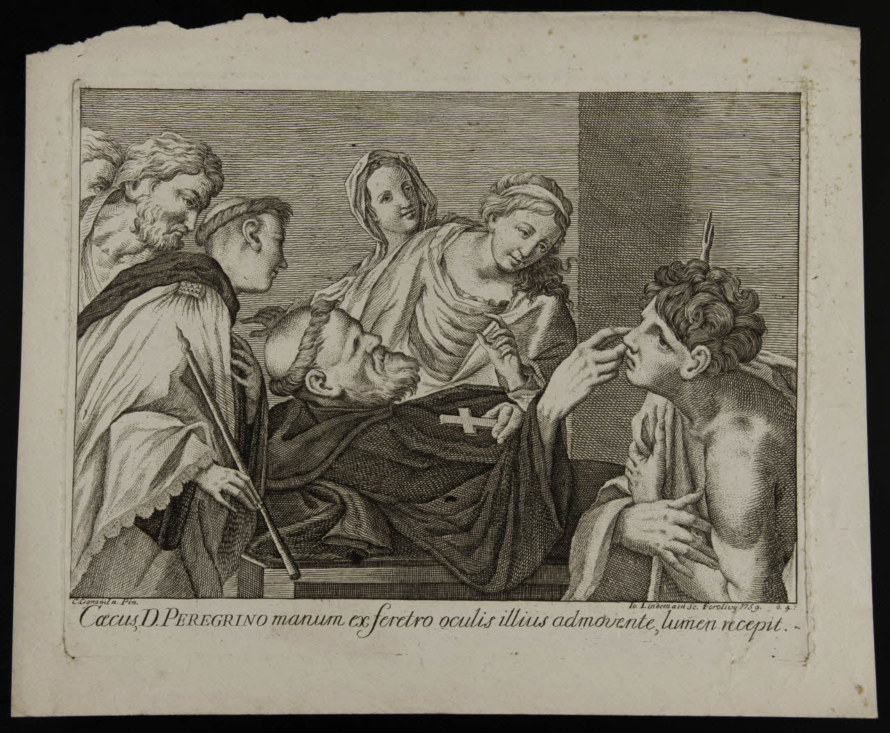 estampe Coecus, D. PEREGRINO manum ex feretro oculis illius admovente, lumen recepit. 1986.74.321.2 Photo