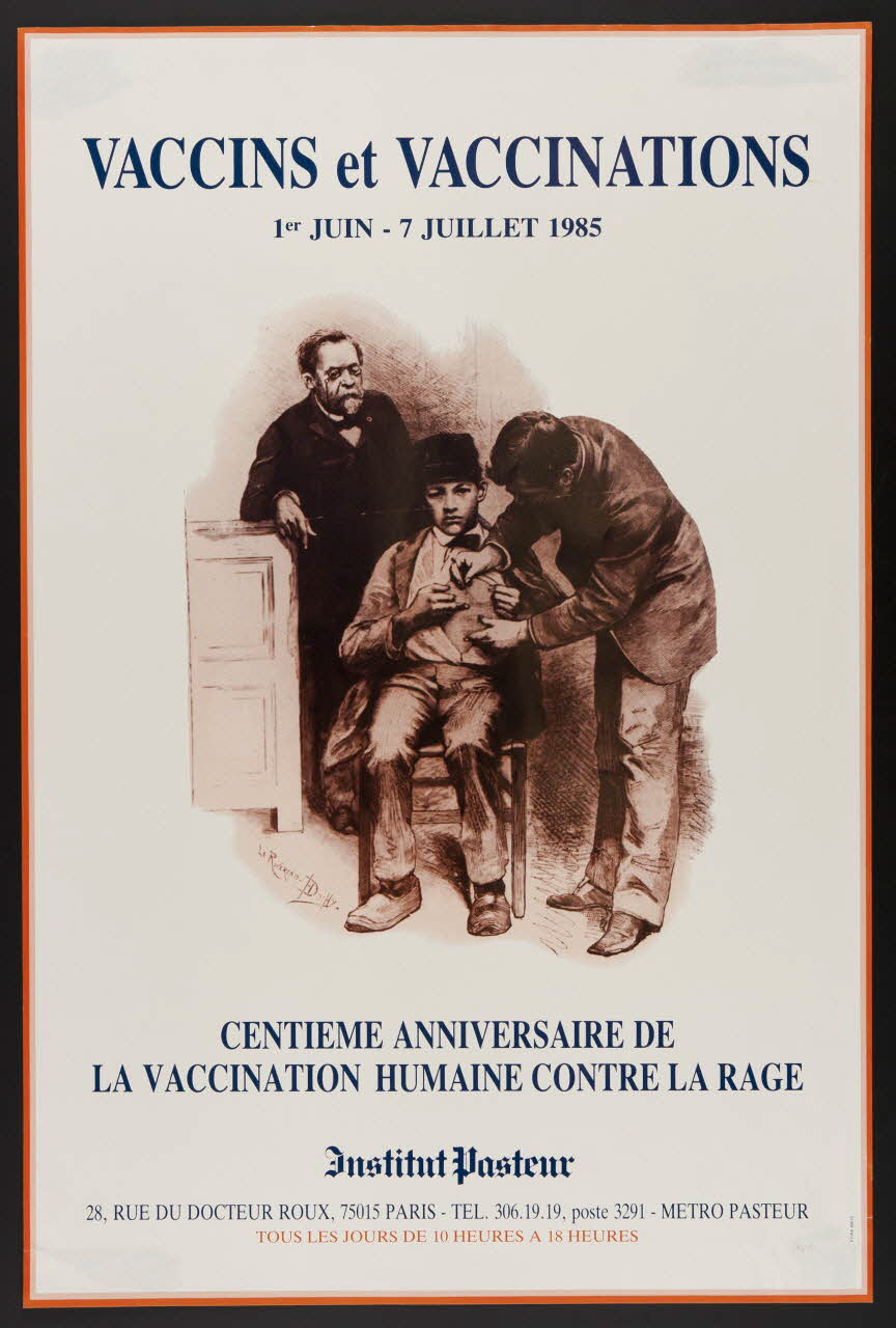 estampe VACCINS et VACCINATIONS  1er JUIN - 7 JUILLET 1985  CENTIEME ANNIVERSAIRE DE  LA VACCINATION HUMAINE CONTRE LA RAGE  Institut Pasteur 1986.74.5 Photo