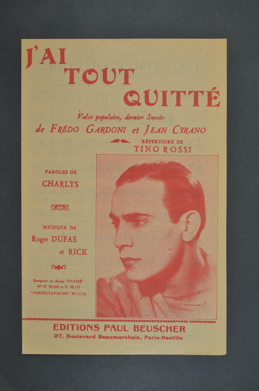 Rick ; Roger Dufas ; Charlys ; Tino Rossi ; Paul Beuscher, Editions chanson petit format 1945 1969.88.105 Photo Mucem
