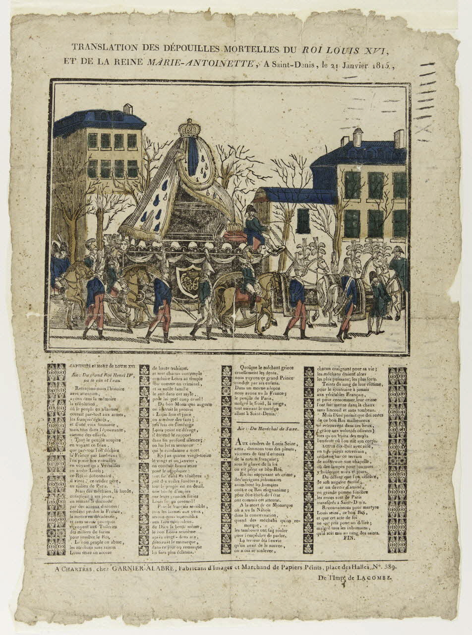 Jacques-Pierre Garnier-Allabre ; Jean-François Lacombe imagerie ancienne TRANSLATION DES DEPOUILLES MORTELLES DU ROI LOUIS XVI,  ET DE LA REINE MARIE-ANTOINETTE, A Saint-Denis, LE 21 Janvier 1815, Chartres 1815 1986.81.21 Photo