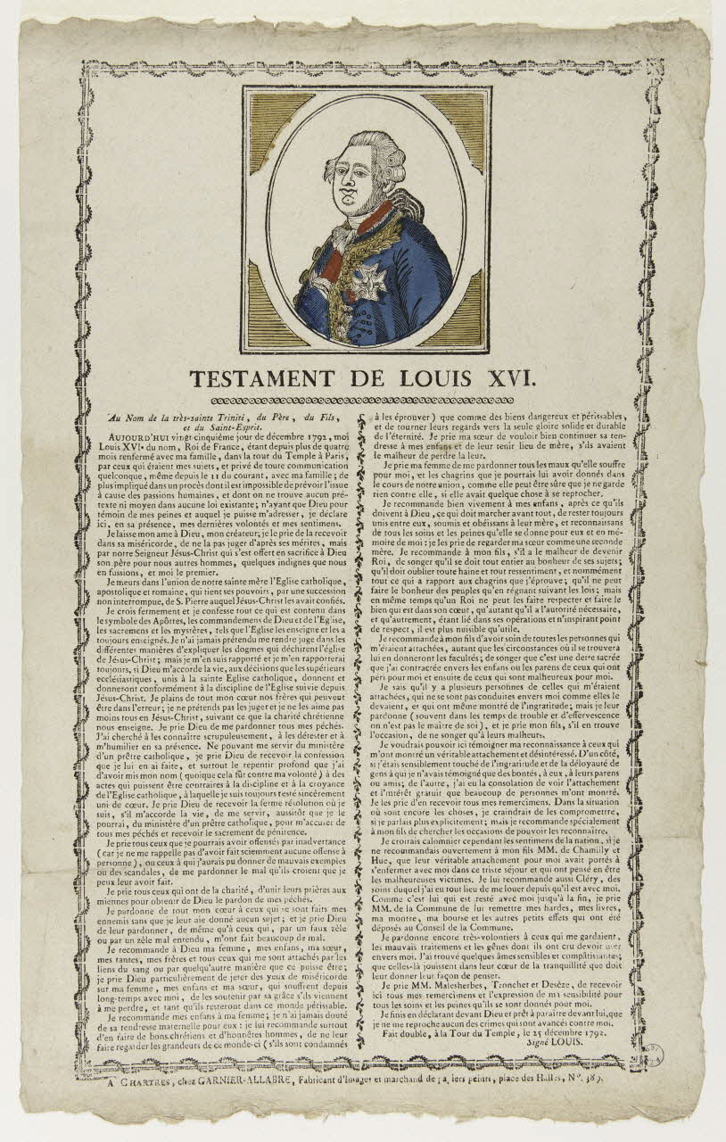 Jacques-Pierre Garnier-Allabre imagerie ancienne TESTAMENT DE LOUIS XVI. Chartres 1814-1815 1986.81.22 Photo