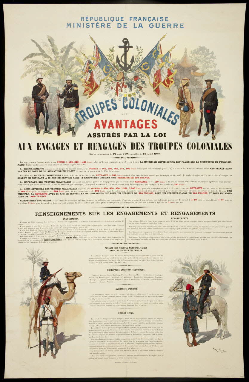affiche REPUBLIQUE FRANCAISE  MINISTERE DE LA GUERRE  TROUPES COLONIALES  AVANTAGES  ASSURES PAR LA LOI  AUX ENGAGES ET RENGAGES DES TROUPES COLONIALES 1988.16.16 Photo