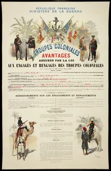 affiche REPUBLIQUE FRANCAISE  MINISTERE DE LA GUERRE  TROUPES COLONIALES  AVANTAGES  ASSURES PAR LA LOI  AUX ENGAGES ET RENGAGES DES TROUPES COLONIALES 1988.16.16  Photo