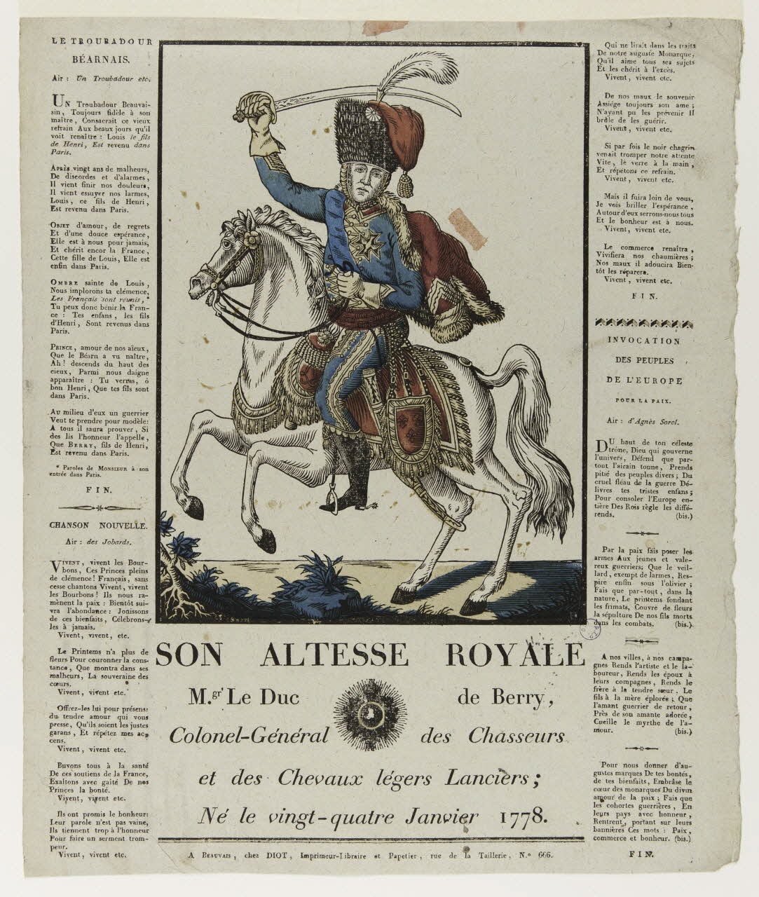 Lucien-Côme Diot imagerie ancienne SON ALTESSE ROYALE  M. gr Le Duc de Berry,  Colonel-Général des Chasseurs  et des Chevaux légers Lanciers Beauvais 1814-1820 1988.4.6 Photo
