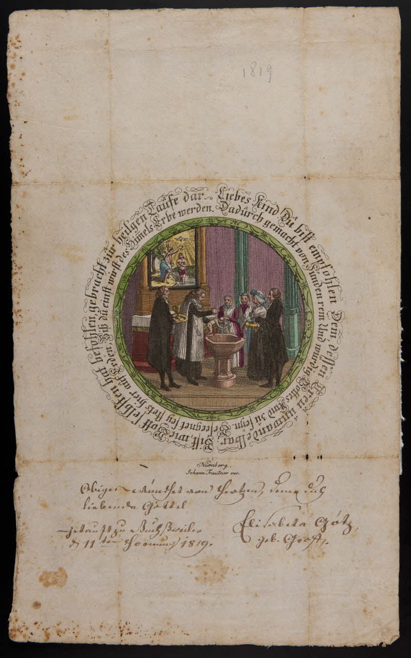 Hierthes ; Friedrich Gottd lettre de baptême Liebes Kind ! Du bift empfohlen Wissembourg 1823 1988.52.73 Photo