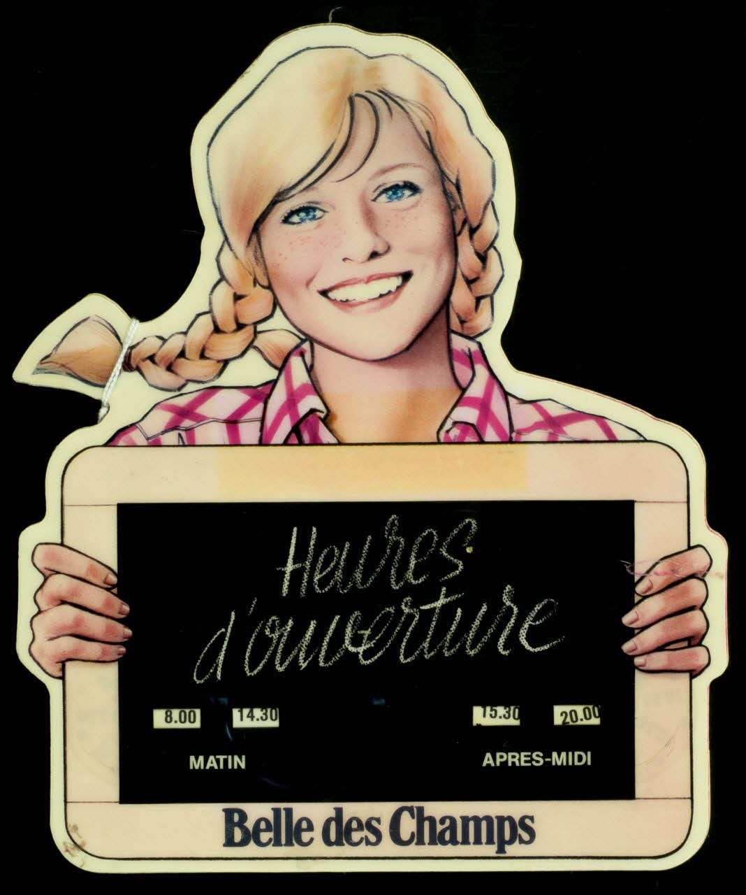 estampe Réclame avec jeune fille tenant une ardoise pour Belles des Champs 1990.1.150 Photo