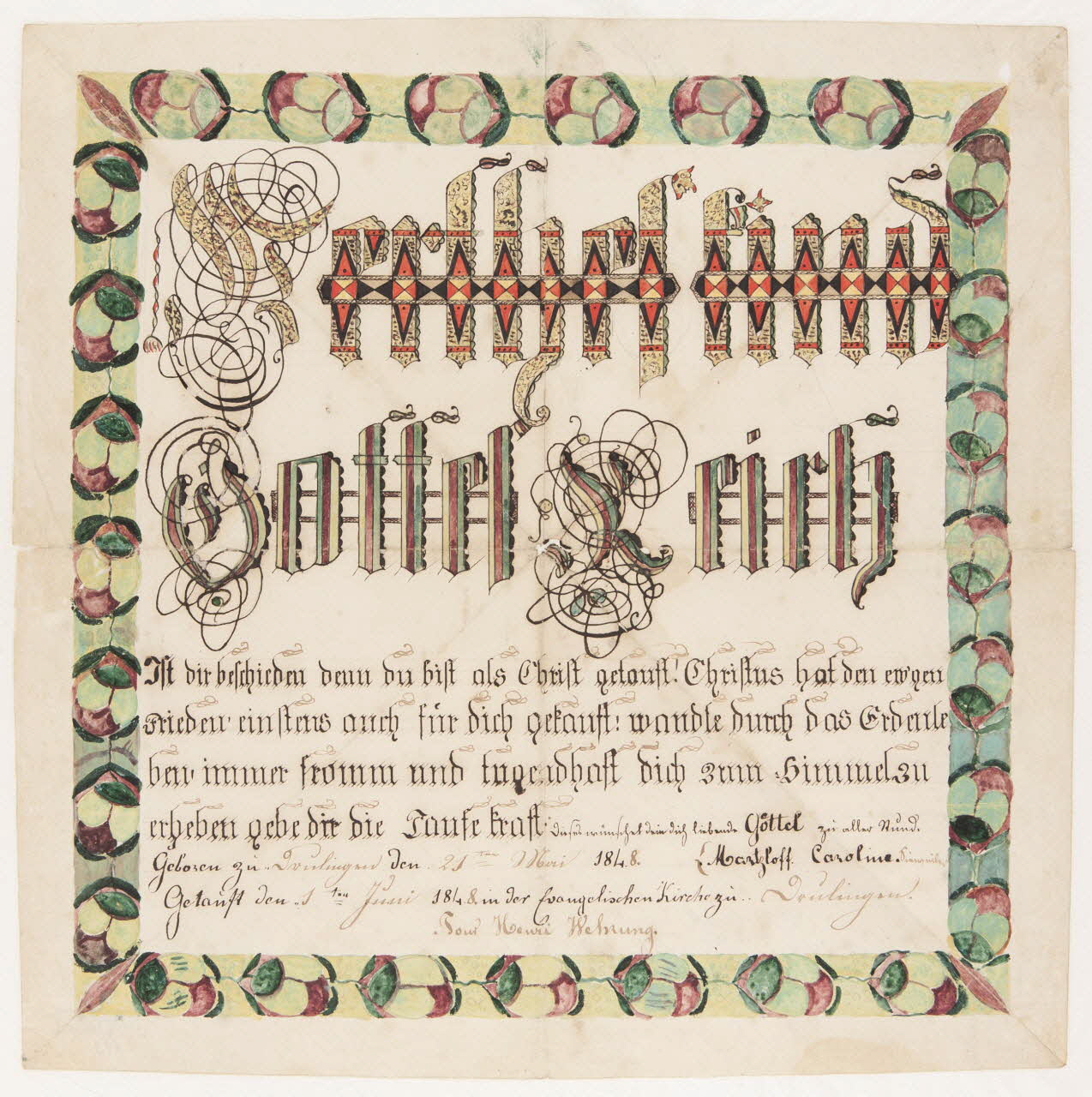 Caroline Martzloff lettre de baptême Werthes Kind Drulingen 1848 1990.26.89 Photo