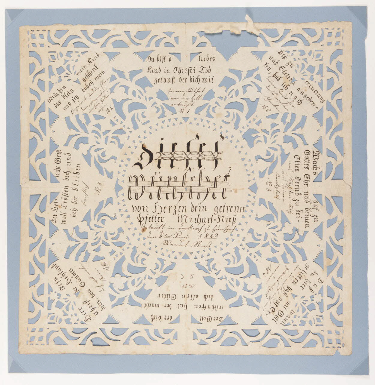 Michael Nieß lettre de baptême Du bift o liebes  Kind Hunspach 1842 1990.26.93 Photo