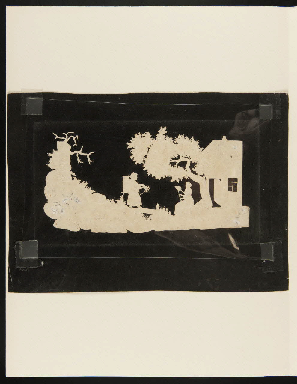 découpage Femmes filant et tricotant dans un paysage, devant une maison 1990.5.154 Photo