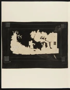 découpage Femmes filant et tricotant dans un paysage, devant une maison 1990.5.154 Photo