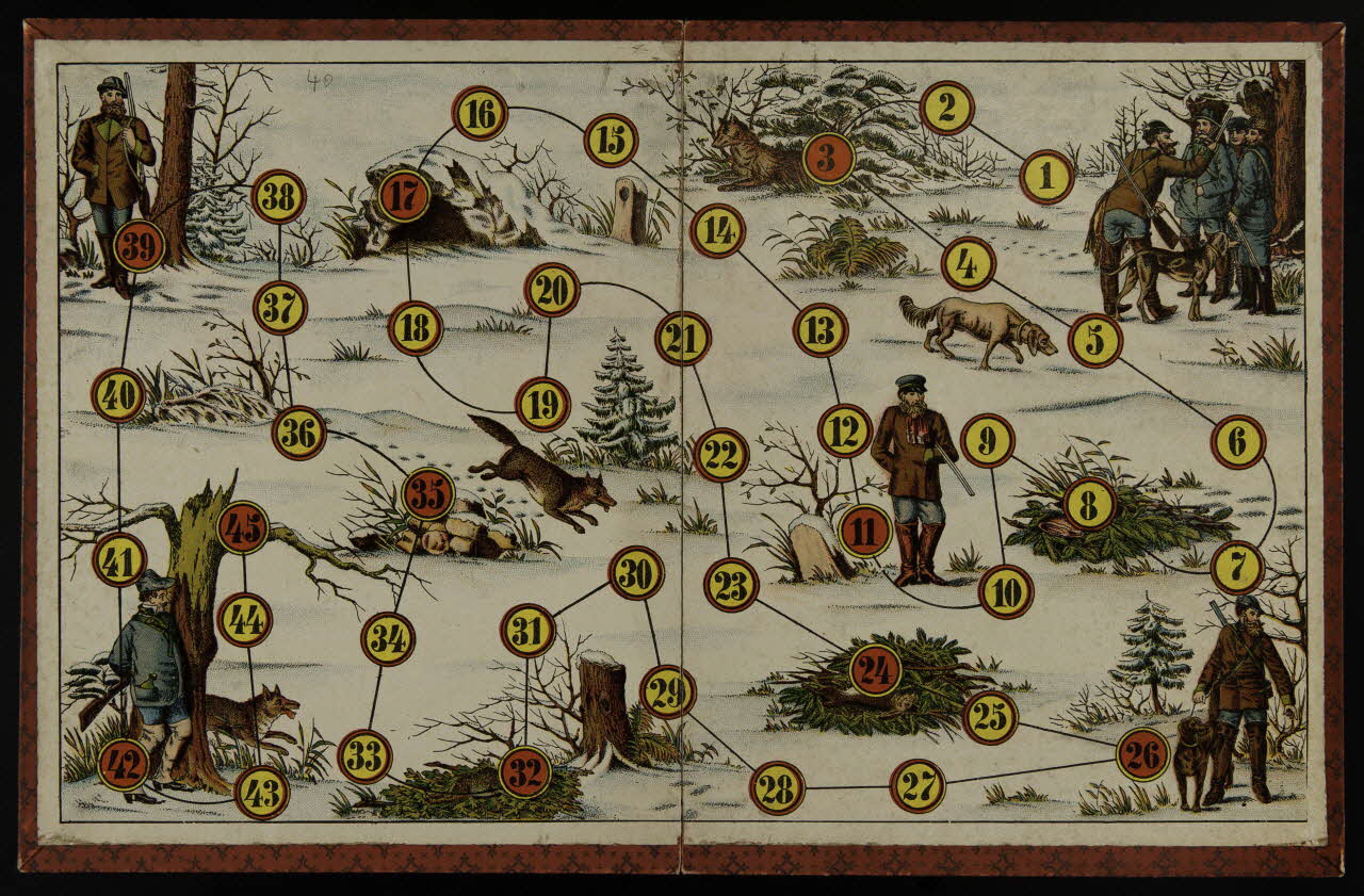 jeu de parcours Jeu et scènes de chasse dans la neige 1991.16.111 Photo