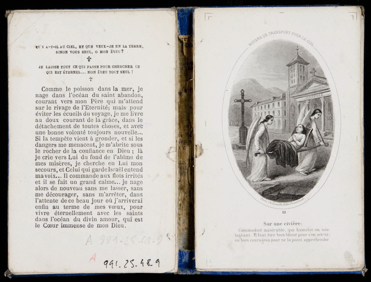 image pieuse MOYENS DE TRANSPORT POUR LE CIEL  Sur une civière 1991.25.48.10 Photo