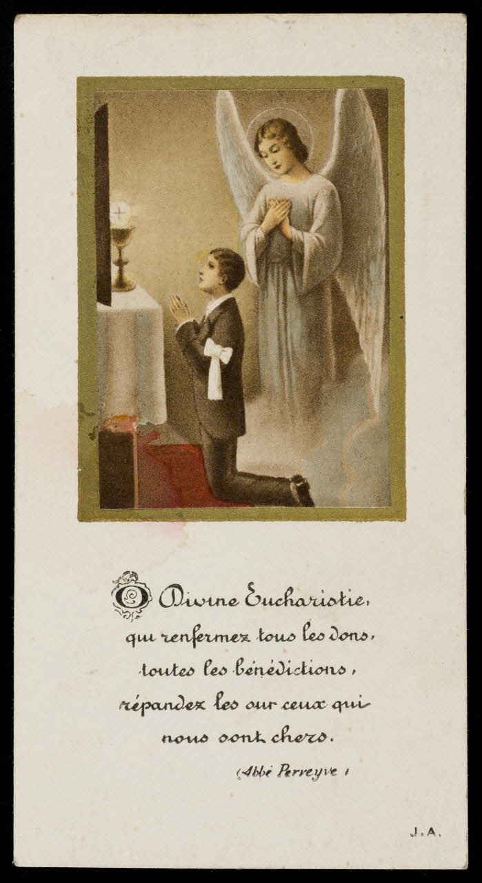 image pieuse Divine Eucharistie,  qui renfermez tous les dons,  toutes les bénédictions,  répandez les sur ceux qui  nous sont chers. 1991.25.7 Photo