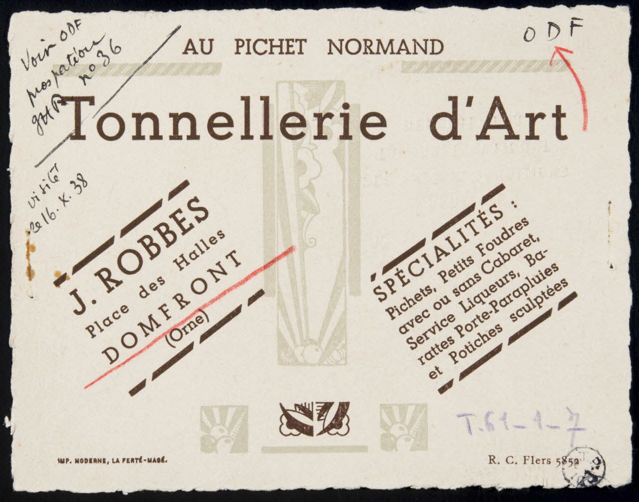 IMPRIMERIE MODERNE carte réclame chromo La Ferté-Macé 1938 1991.26.1 Photo