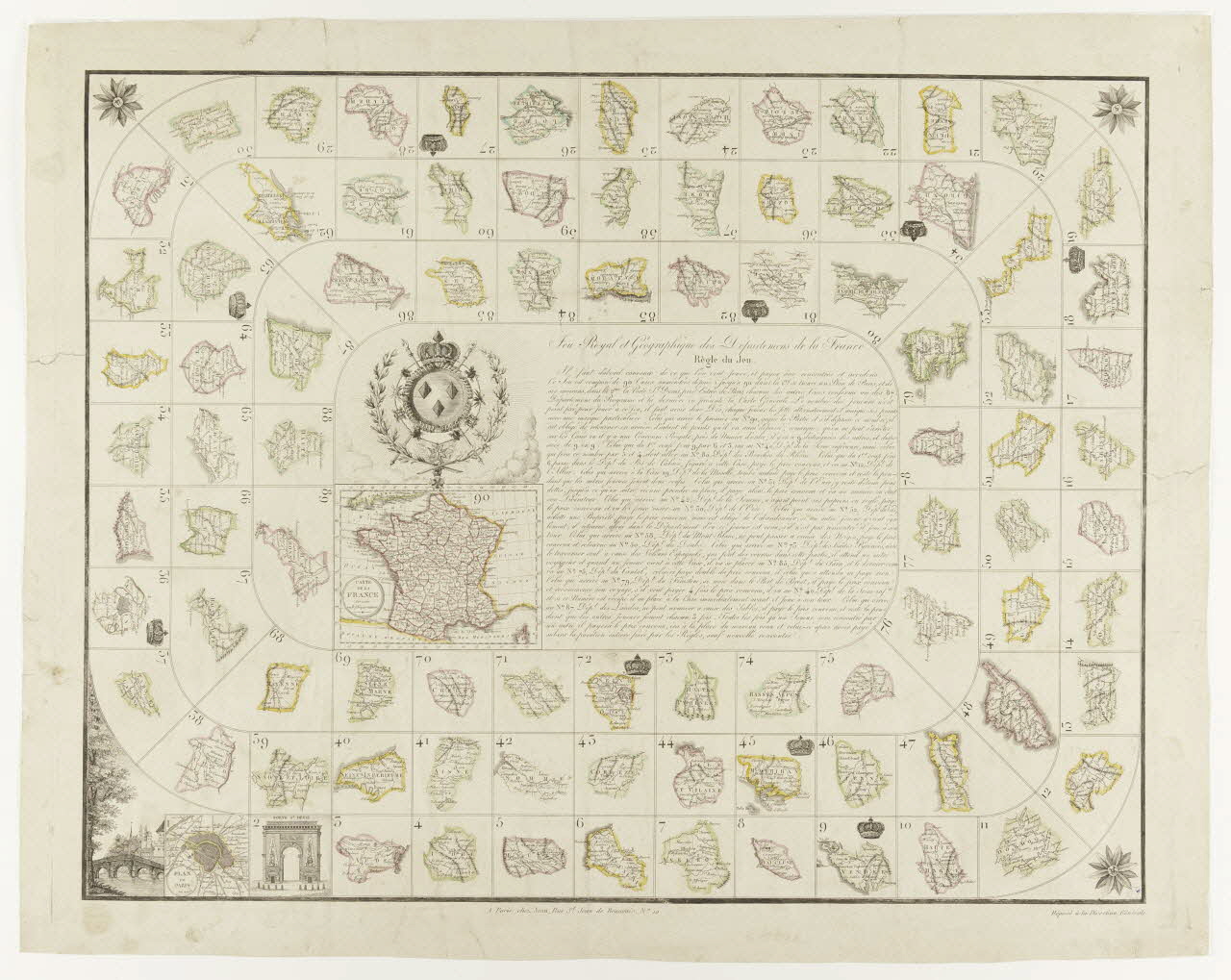 Jean jeu de l'oie Jeu Royal et Géographique des Départemens de la France Ile-de-France, France 1825-1835 1991.31.1 Photo