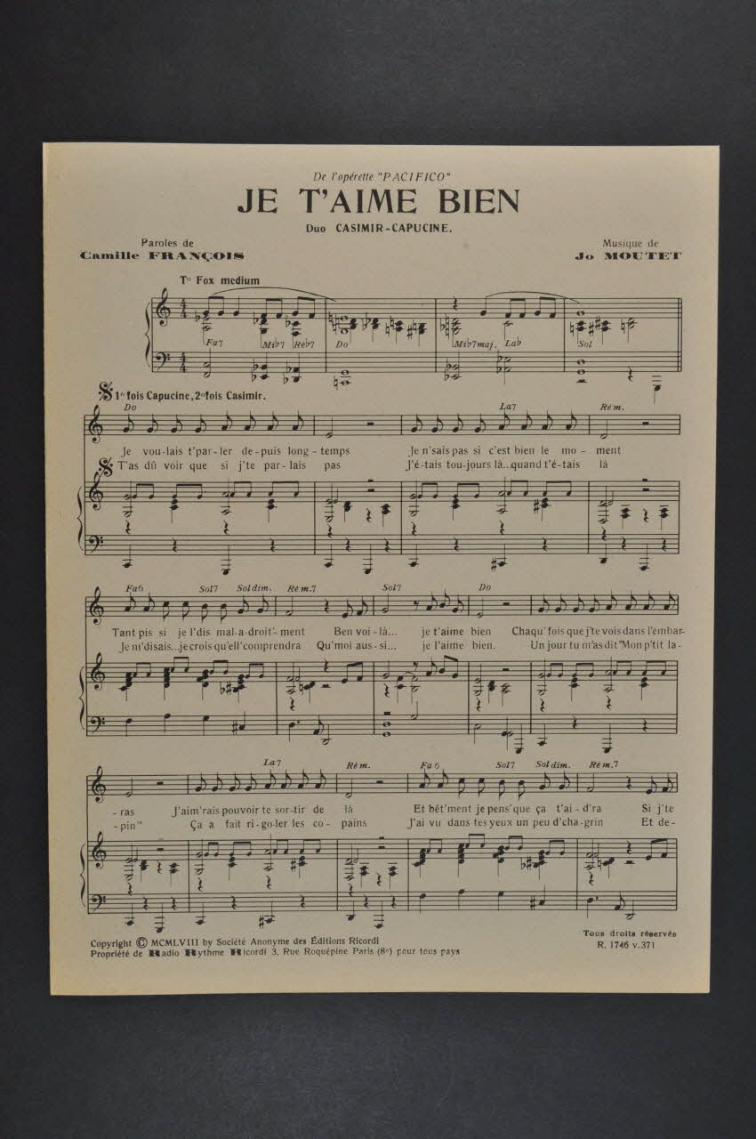 partition de musique Je t'aime bien 1969.88.1119 Photo Mucem