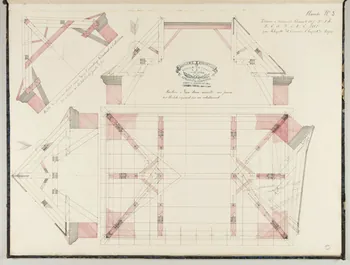 album Pavillon à deux étaux assemblé avec fermes  sur blochets reposant sur un entablement. 1992.33.1.5 Photo