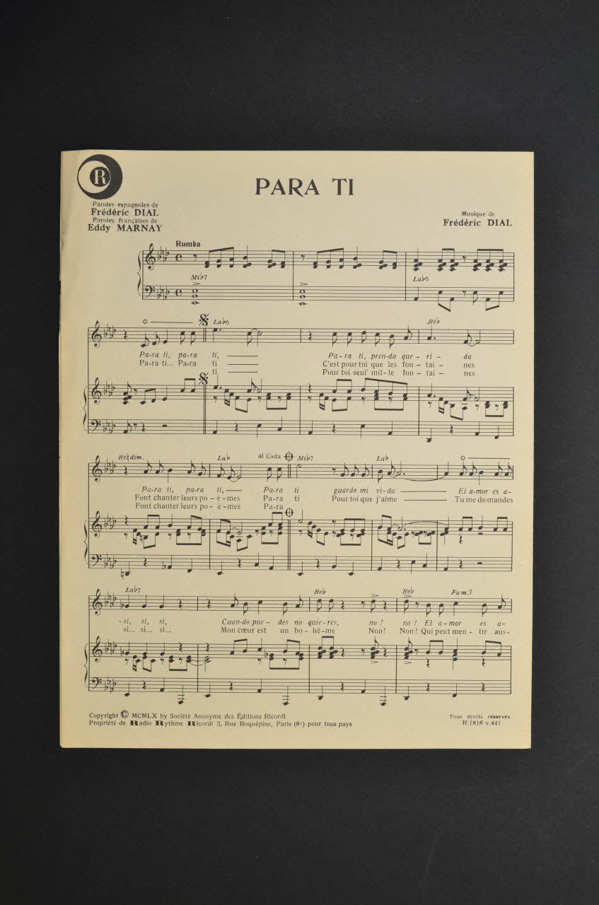 Eddy Marnay ; Frédéric Dial ; Ricordi, Editions chanson petit format 1960 1969.88.1122 Photo Mucem