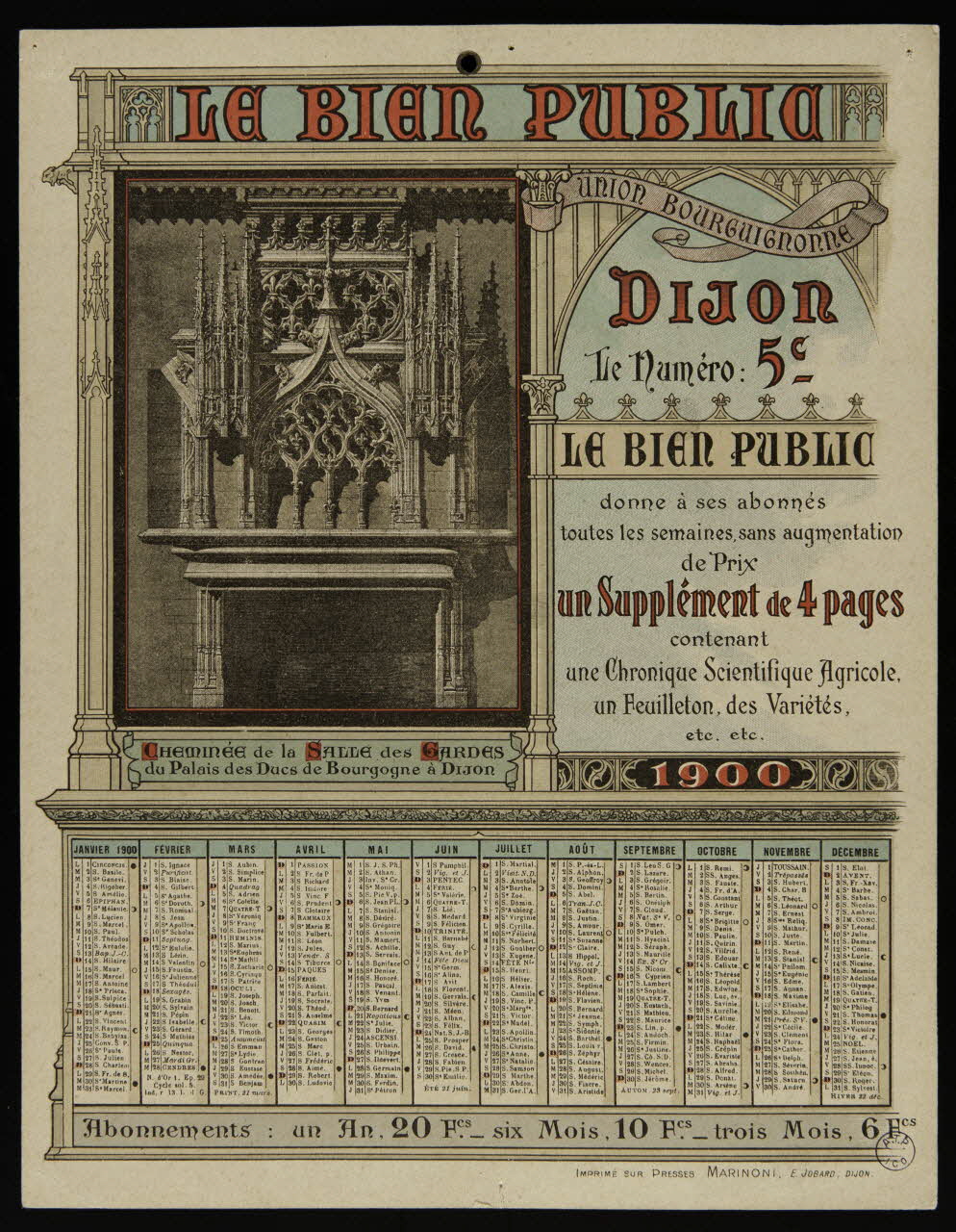 Eugène Jobard calendrier LE BIEN PUBLIC  UNION BOURGUIGNONNE  Dijon Dijon 1900 1993.2.102 Photo