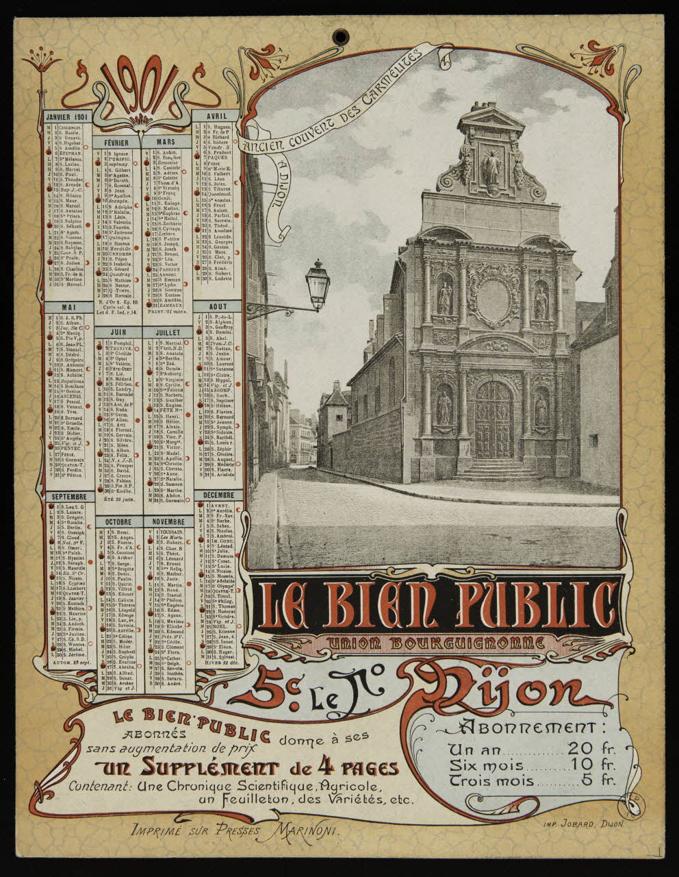 Eugène Jobard calendrier ANCIEN COUVENT DES CARMELITES  A DIJON  LE BIEN PUBLIC Dijon 1901 1993.2.103 Photo