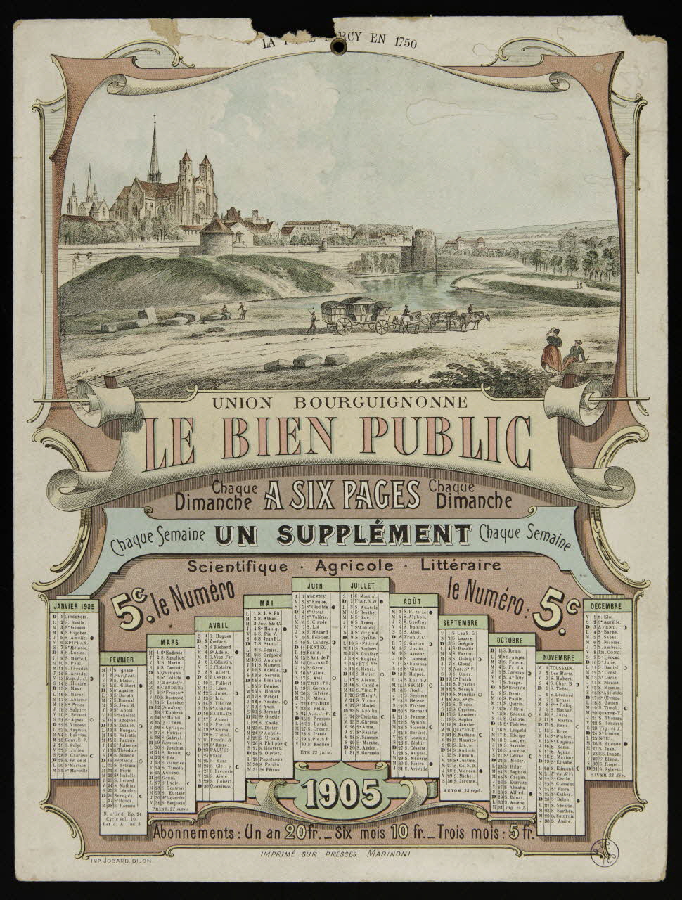 Chapuis L. ; Eugène Jobard calendrier UNION BOURGUIGNONNE  LE BIEN PUBLIC Dijon 1905 1993.2.110 Photo