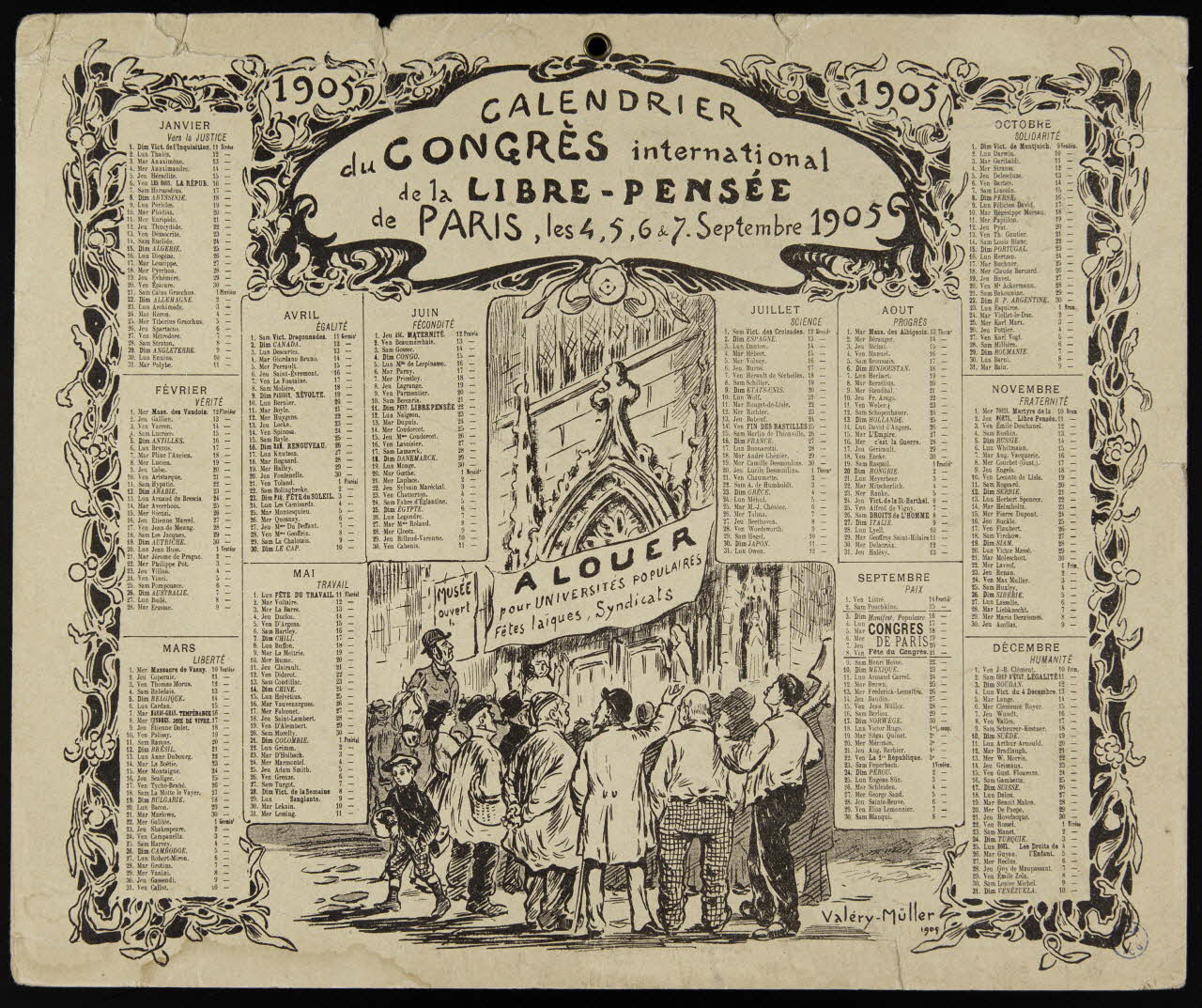 Valéry-Müller calendrier CALENDRIER  DU CONGRES international  de la LIBRE-PENSEE  de PARIS, les 4, 5, 6 et 7 Septembre 1905 Paris 1905 1993.2.111 Photo