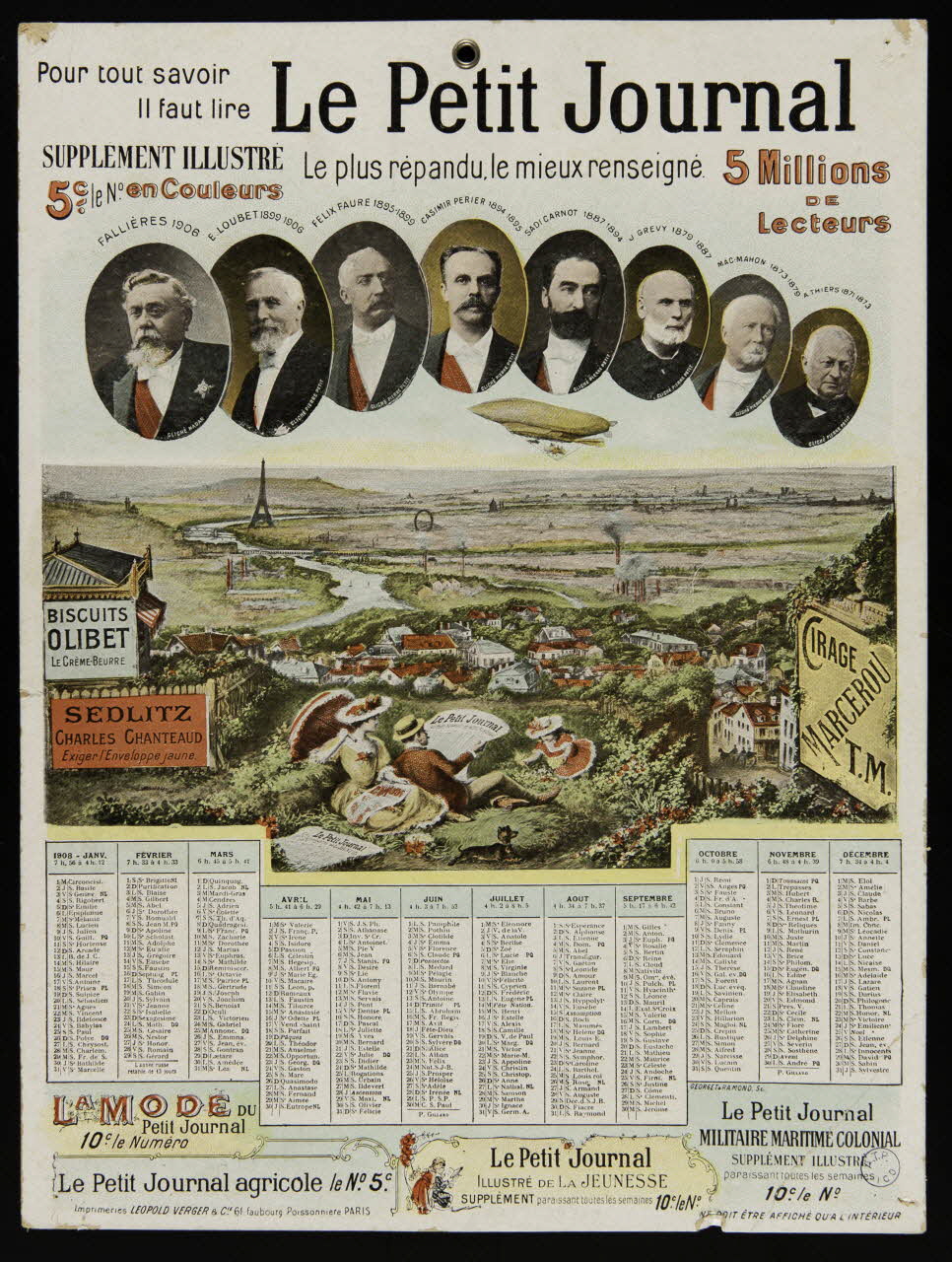 Ramond ; Léopold Verger calendrier Couple avec enfant lisant le petit journal sur les hauteurs de Paris Paris 1908 1993.2.112 Photo