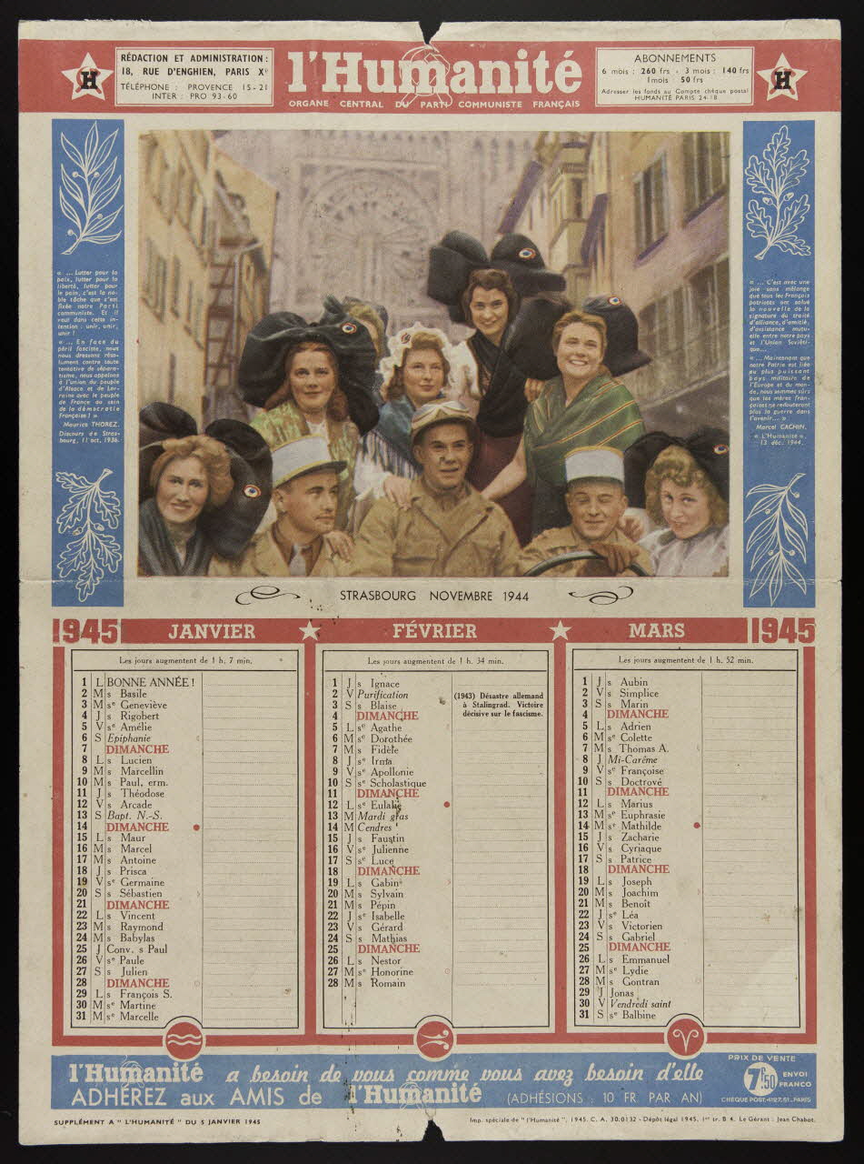 calendrier L'Humanité  STRASBOURG NOVEMBRE 1944 Paris 1945 1993.2.120 Photo