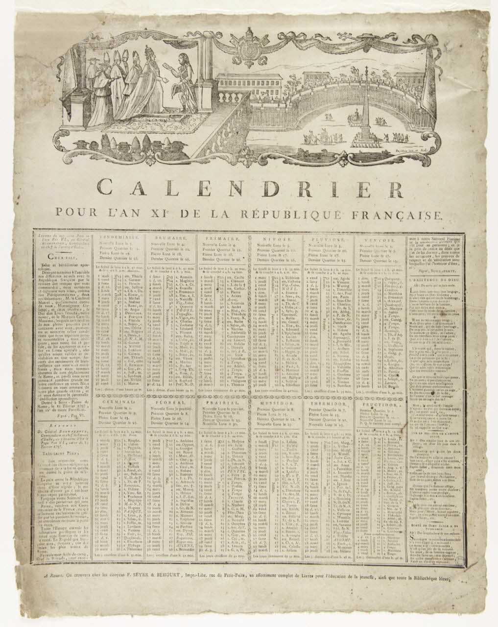 Jean-Michel Papillon ; Seyer et Béhourt imagerie ancienne CALENDRIER  POUR L'AN XIe DE LA REPUBLIQUE FRANCAISE. Rouen 1802 1993.2.14 Photo