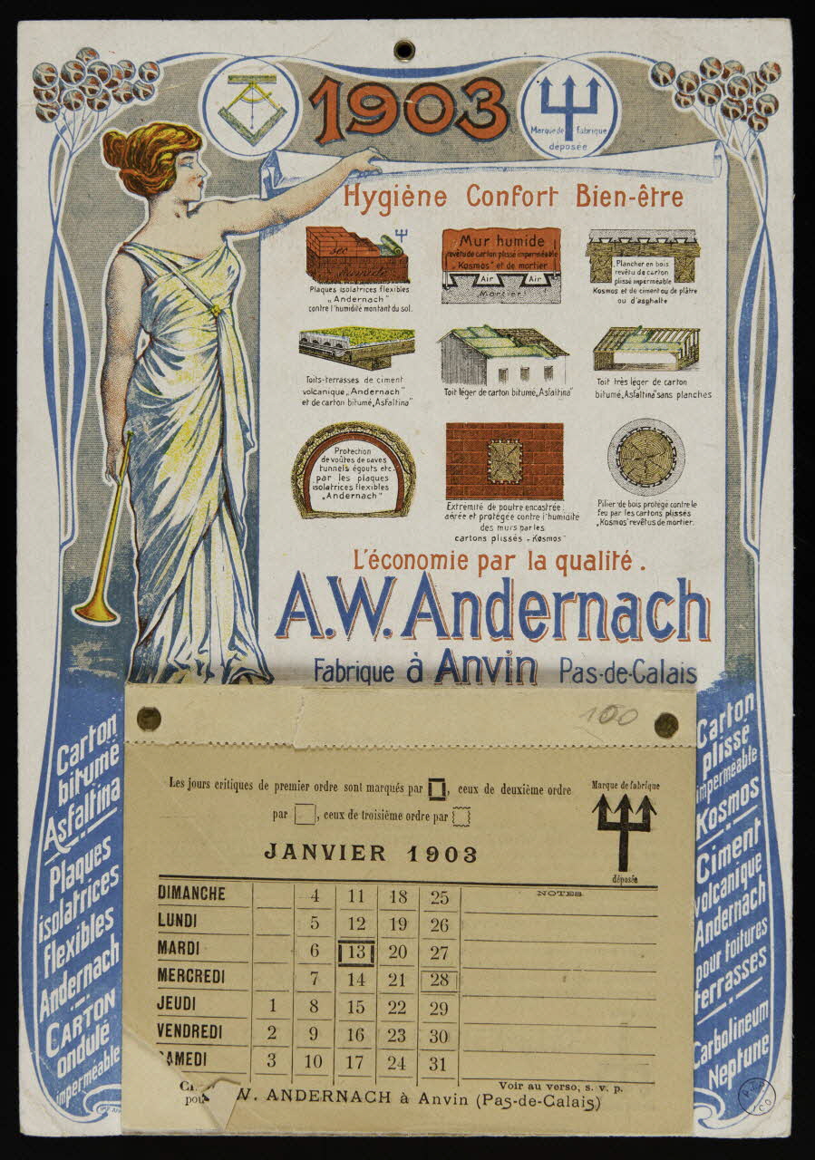 calendrier Femme tenant un rouleau sur lequel sont présentés différents matériaux de construction Paris 1903 1993.2.145 Photo