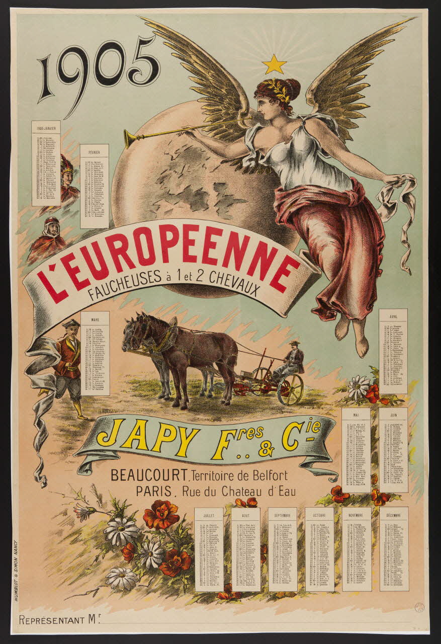 Humblot et Simon calendrier, affiche L'EUROPEENNE  FAUCHEUSE à 1 et 2 CHEVAUX Nancy 1905 1993.2.146 Photo