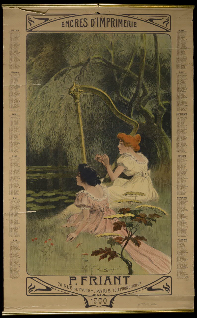 Paul Balluriaut ; Friant P. calendrier Femmes jouant de la harpe devant un étang Paris 1906 1993.2.147 Photo