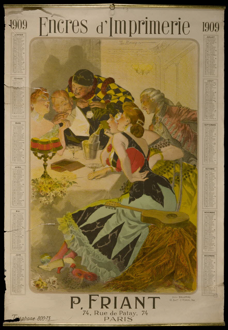 Paul Balluriaut calendrier Scène de cabaret avec homme déguisés et femmes avec une guitare à une table Paris 1909 1993.2.156 Photo