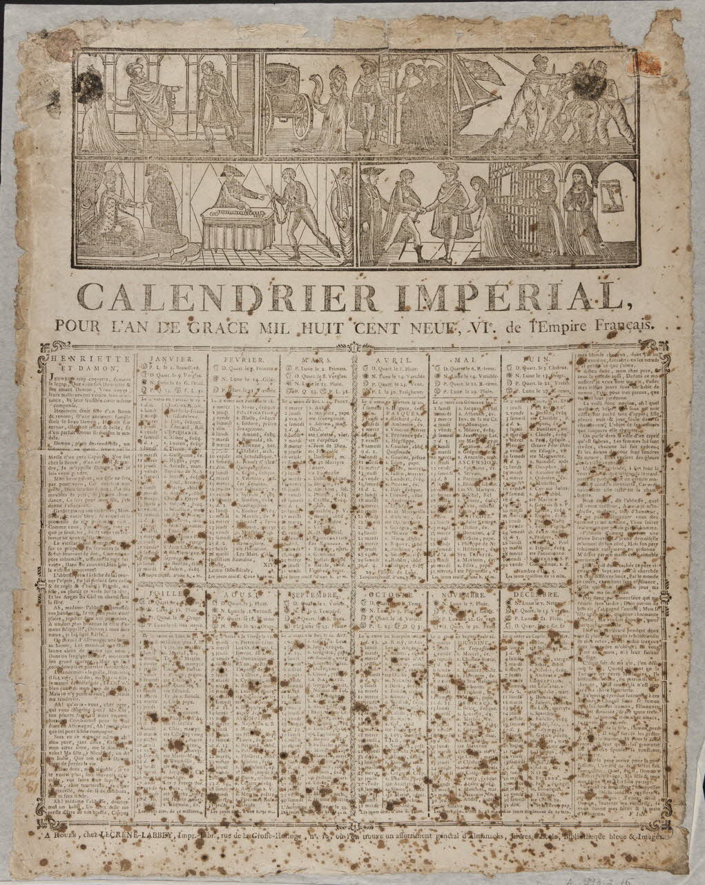 Laurent-Thomas-Joseph Lecrène-Labbey imagerie ancienne CALENDRIER IMPERIAL,  POUR L'AN DE GRACE MIL HUIT CENT NEUF, VIe DE L'Empire Français. Rouen 1809 1993.2.16 Photo