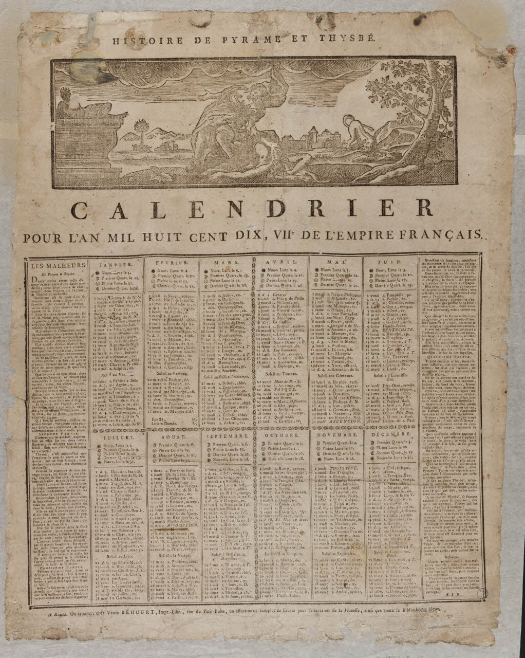 Béhourt imagerie ancienne CALENDRIER  POUR L'AN MIL HUIT CENT DIX, VIIe DE L'EMPIRE FRANCAIS. Rouen 1810 1993.2.17 Photo