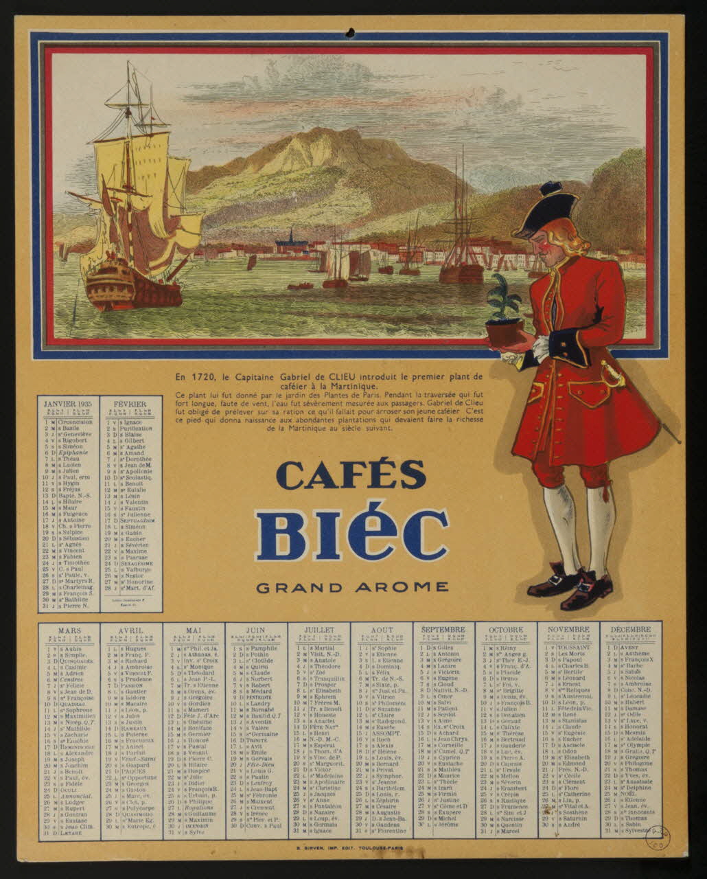 calendrier CAFES  BIEC  GRAND AROME Paris 1935 1993.2.170 Photo