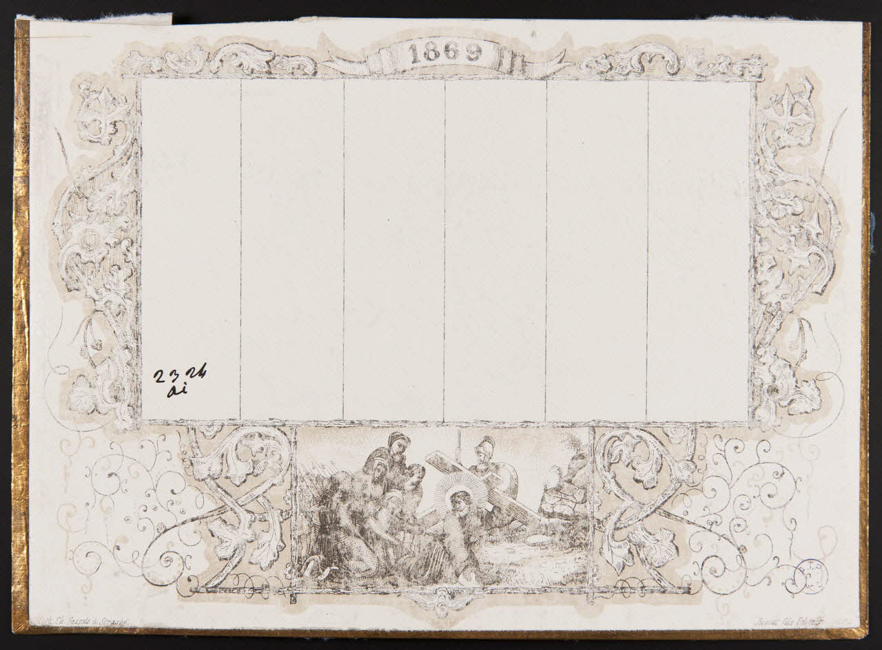 Fassoli Ch. ; Jundt estampe Calendrier d'imprimerie. Scène de chemin de croix Alsace, France 1869 1993.2.192 Photo