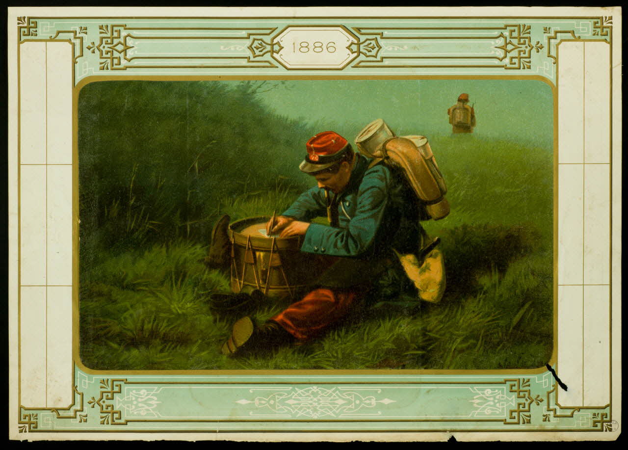 estampe Calendrier d'imprimerie. Soldat écrivant sur un tambour 1886 1993.2.196 Photo