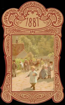 calendrier Calendrier d'imprimerie. Scène d'enfant dans une cour de maternelle 1887 1993.2.200 Photo