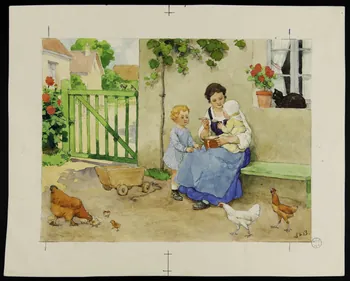 Beuzon Jean Louis dessin Femme nourrissant un bébé dans une cour de ferme 1934 1993.2.209 Photo