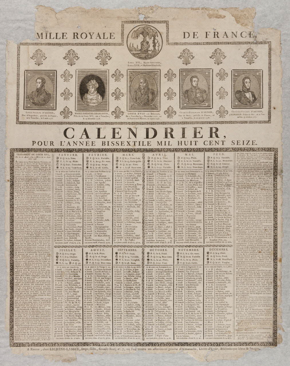Laurent-Thomas-Joseph Lecrène-Labbey imagerie ancienne CALENDRIER  POUR L'ANNEE BISSEXTILE MIL HUIT CENT SEIZE. Rouen 1816 1993.2.22 Photo
