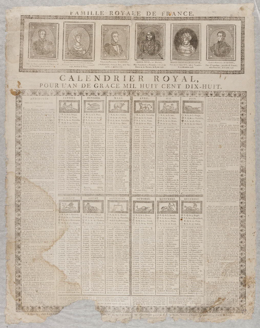 Laurent-Thomas-Joseph Lecrène-Labbey imagerie ancienne CALENDRIER ROYAL,  POUR L'AN DE GRACE MIL HUIT CENT DIX-HUIT. Rouen 1818 1993.2.23 Photo